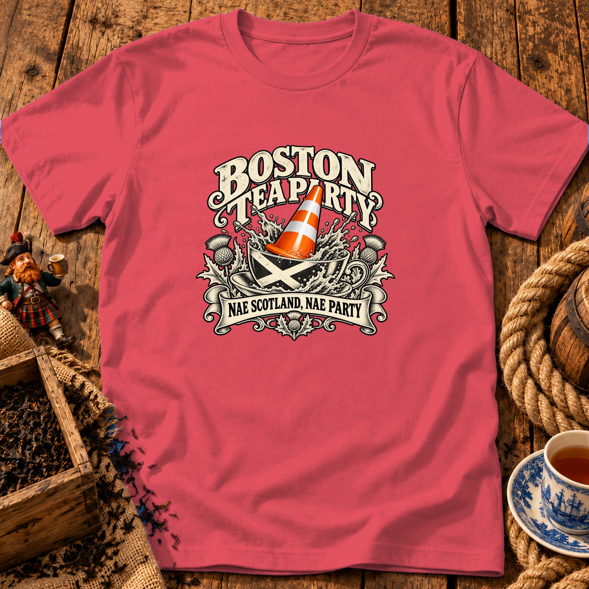 A coral pink t-shirt displays a graphic featuring a teacup, traffic cone, thistles, and text.