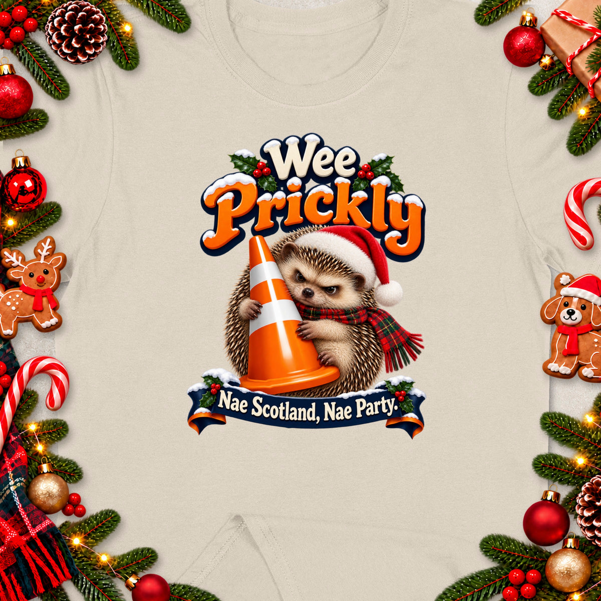 Hedgehog in Santa hat holding traffic cone, "Wee Prickly" and "Nae Scotland, Nae Party".