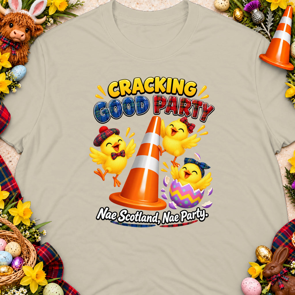 T-shirt graphic with chicks, traffic cone, Easter eggs, and text "Cracking Good Party" and "Nae Scotland, Nae Party".