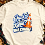 Cream t-shirt with "One Fur the Road? NAE CHANCE" text and a traffic cone.