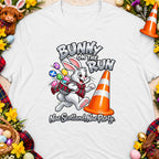 Bunny on the Run graphic with text "Nae Scotland, Nae Party" on a white t-shirt.