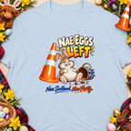 Cartoon bunny sits with overturned basket and text "Nae Eggs Left".