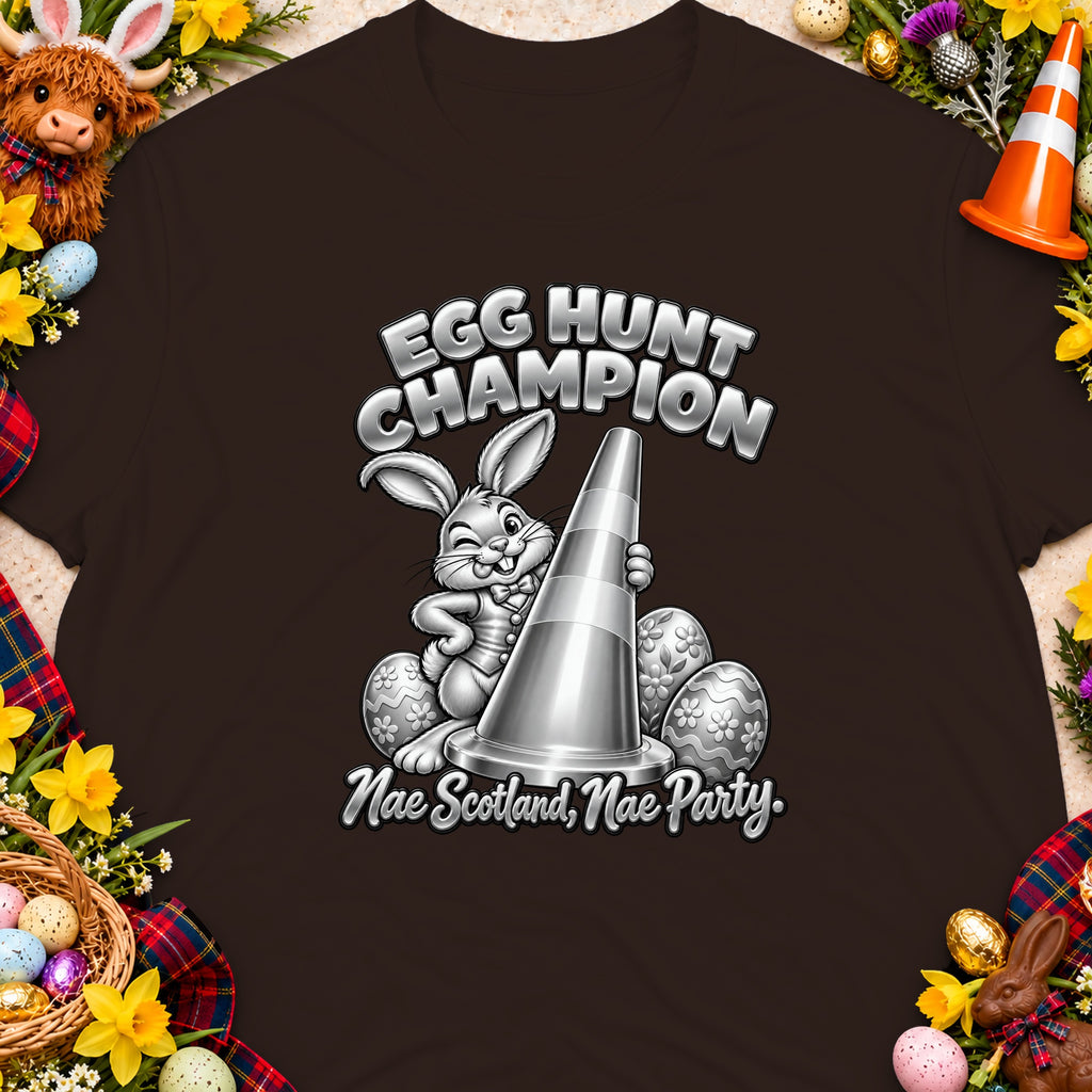 A winking bunny holds a traffic cone with "Egg Hunt Champion" text.