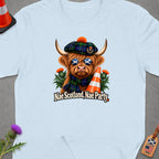 Highland cow wearing a tartan hat and sunglasses, with traffic cones and thistles, text "Nae Scotland, Nae Party."