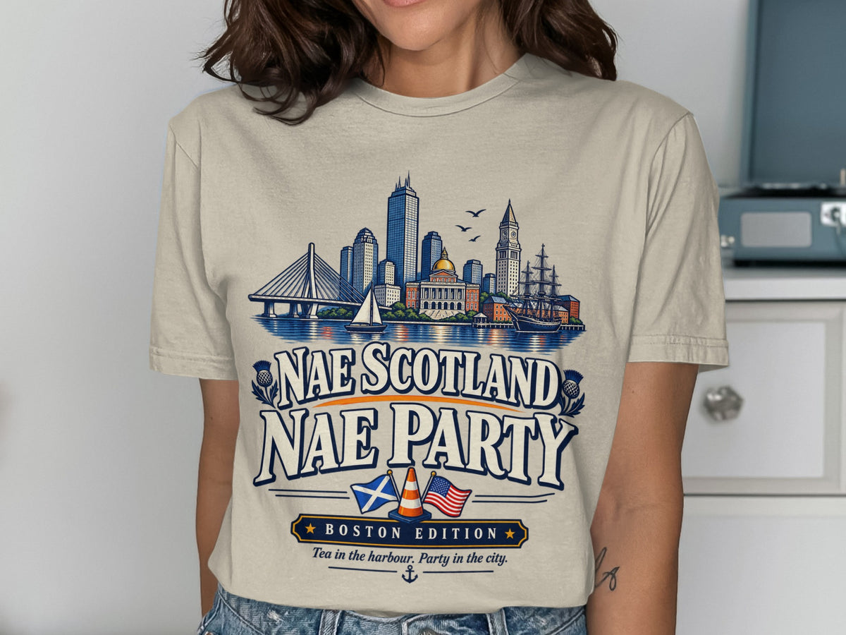 Boston skyline graphic with "Nae Scotland Nae Party Boston Edition" text.