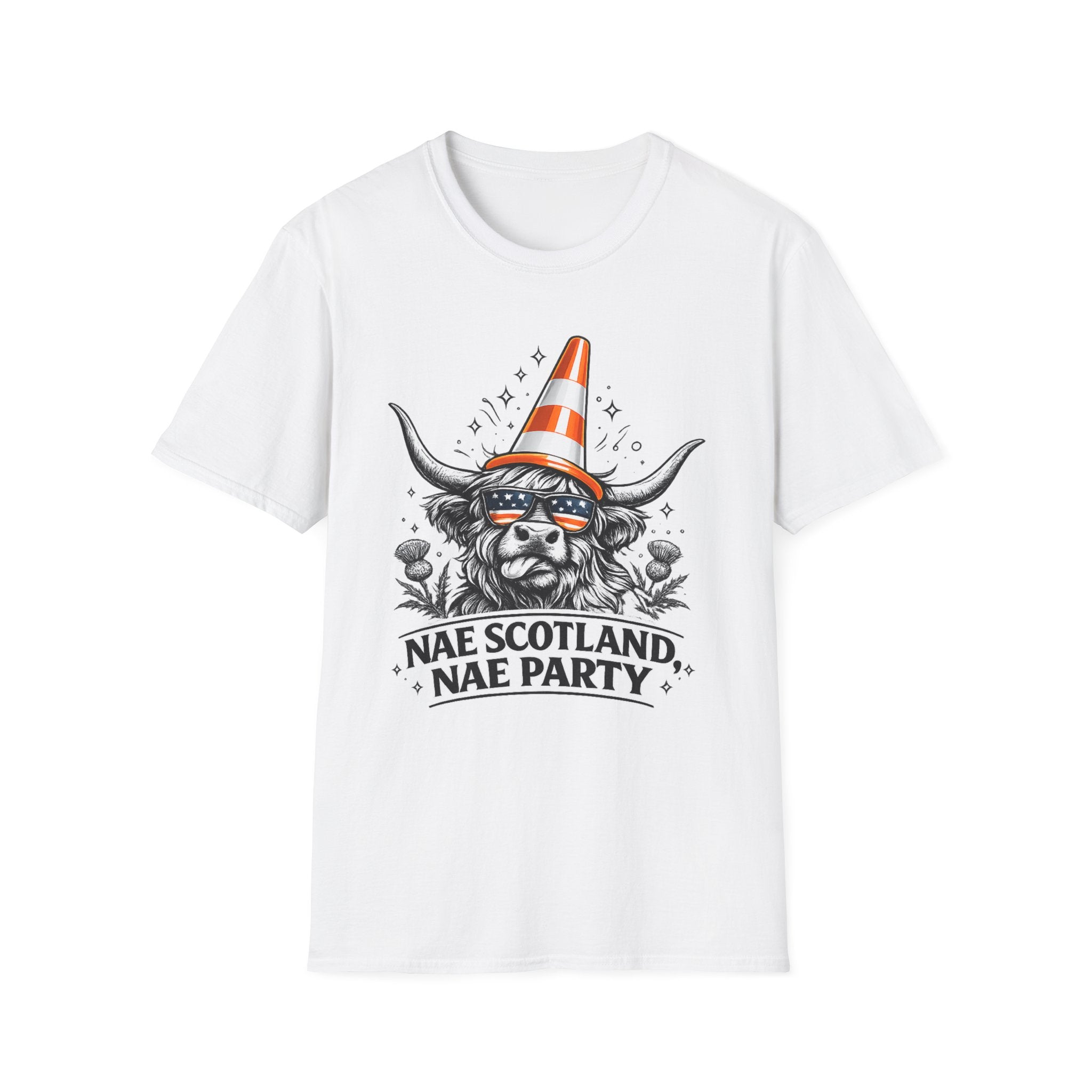 Nae Scotland, Nae Party – Highland Cow Cone T-Shirt