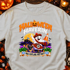 T-shirt graphic with Scottish ghost wearing kilt, "Halloween Haverin" text, and Scottish flags.