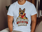 German Shepherd graphic on white t-shirt reads "My Shepherd Runs This House".