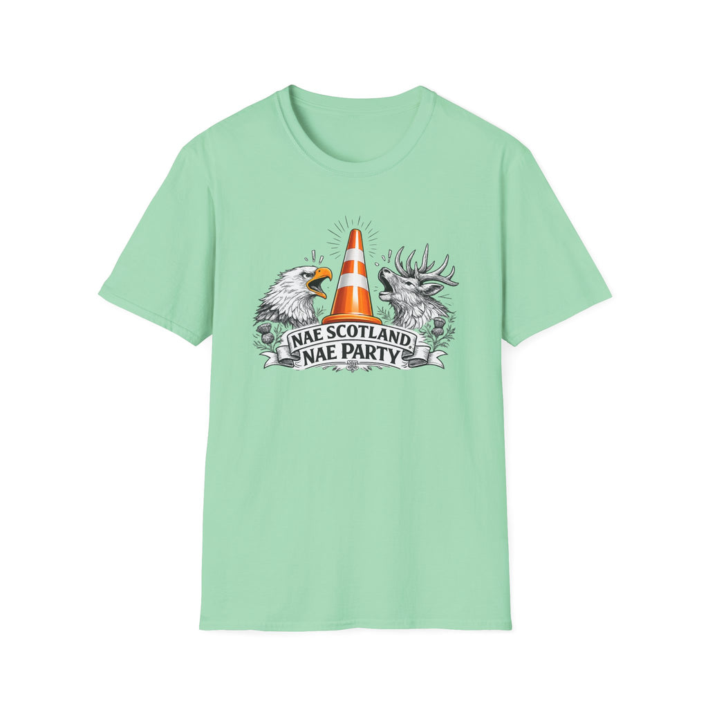 Nae Scotland, Nae Party – Eagle & Highland Stag Cone T-Shirt