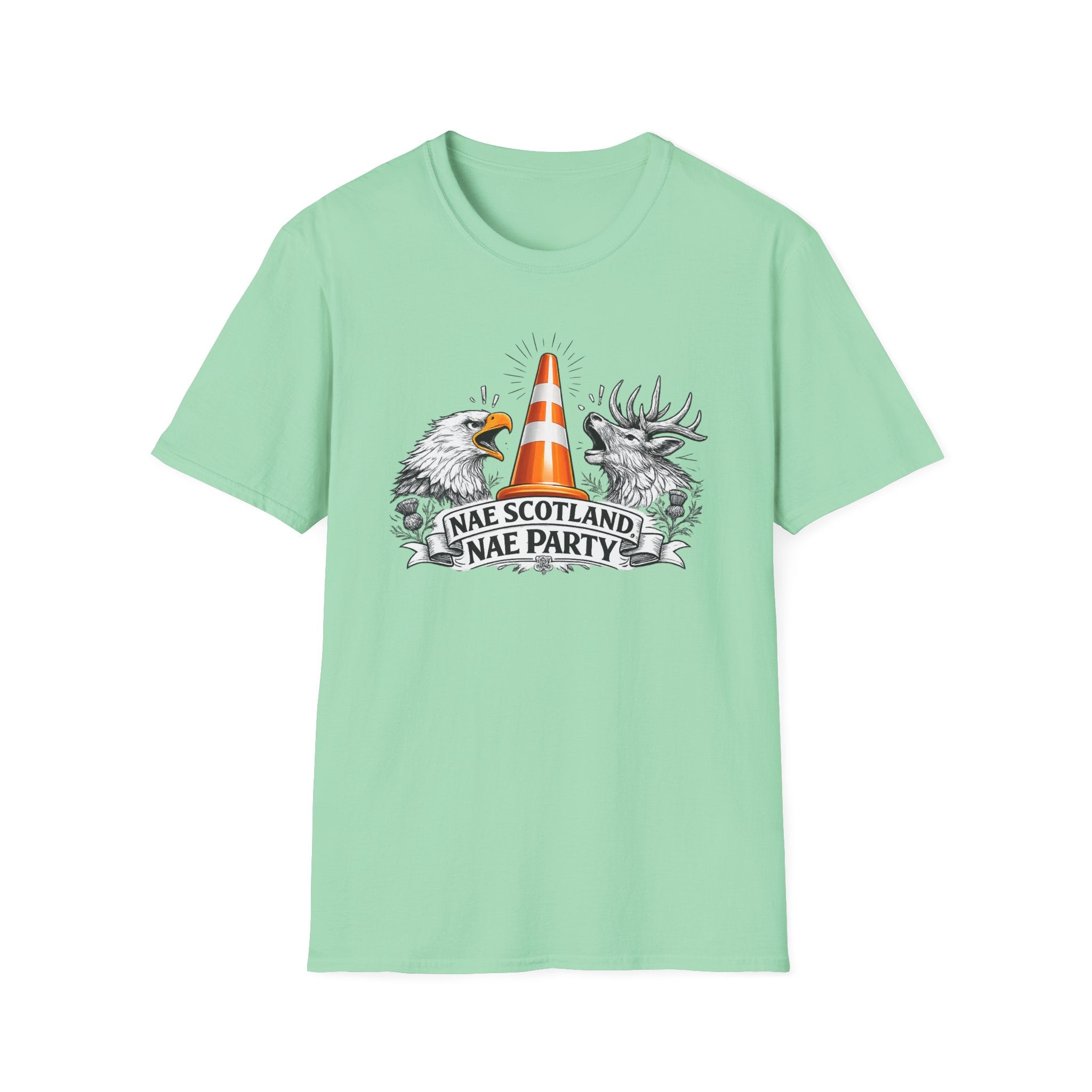 Nae Scotland, Nae Party – Eagle & Highland Stag Cone T-Shirt