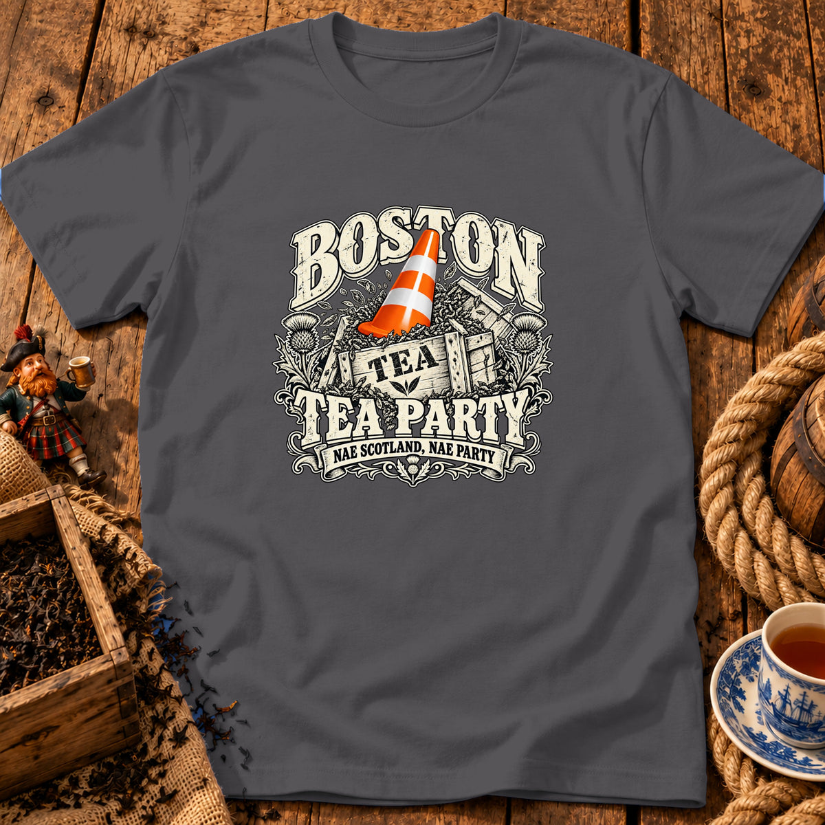 Dark gray t-shirt with a Boston Tea Party graphic featuring a crate, traffic cone, and text.