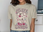 Fluff with Benefits text above a white poodle wearing a pink bow.