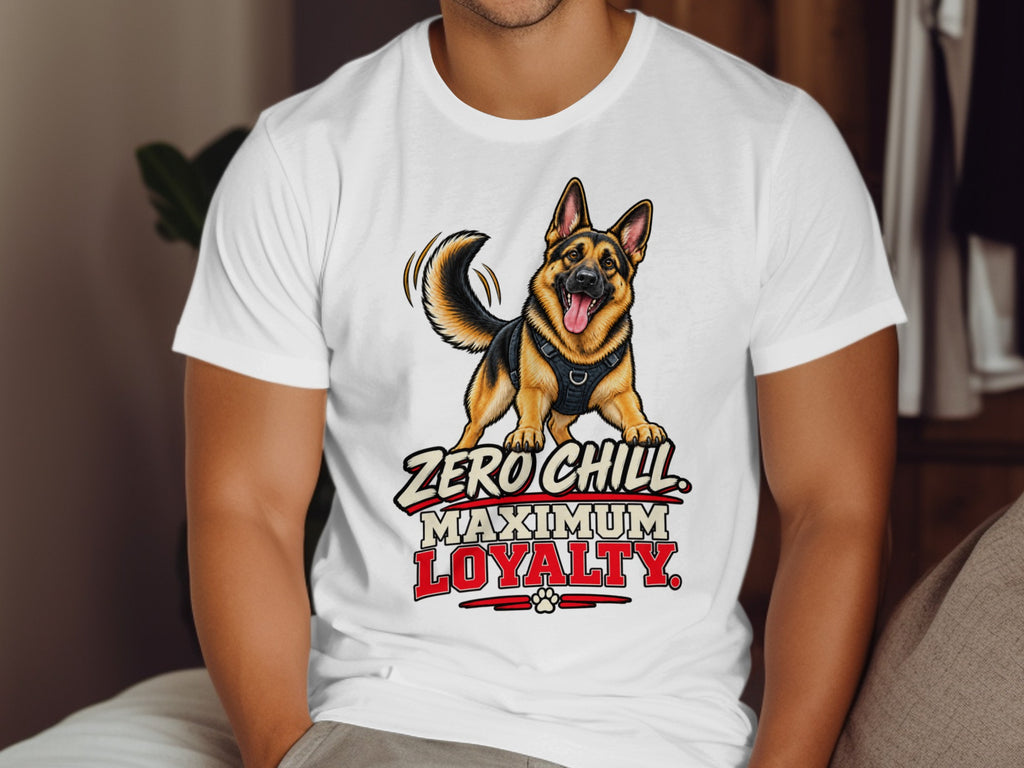 German Shepherd graphic with text "Zero Chill Maximum Loyalty" on white t-shirt.