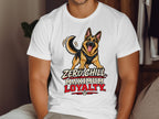 German Shepherd graphic with text "Zero Chill Maximum Loyalty" on white t-shirt.