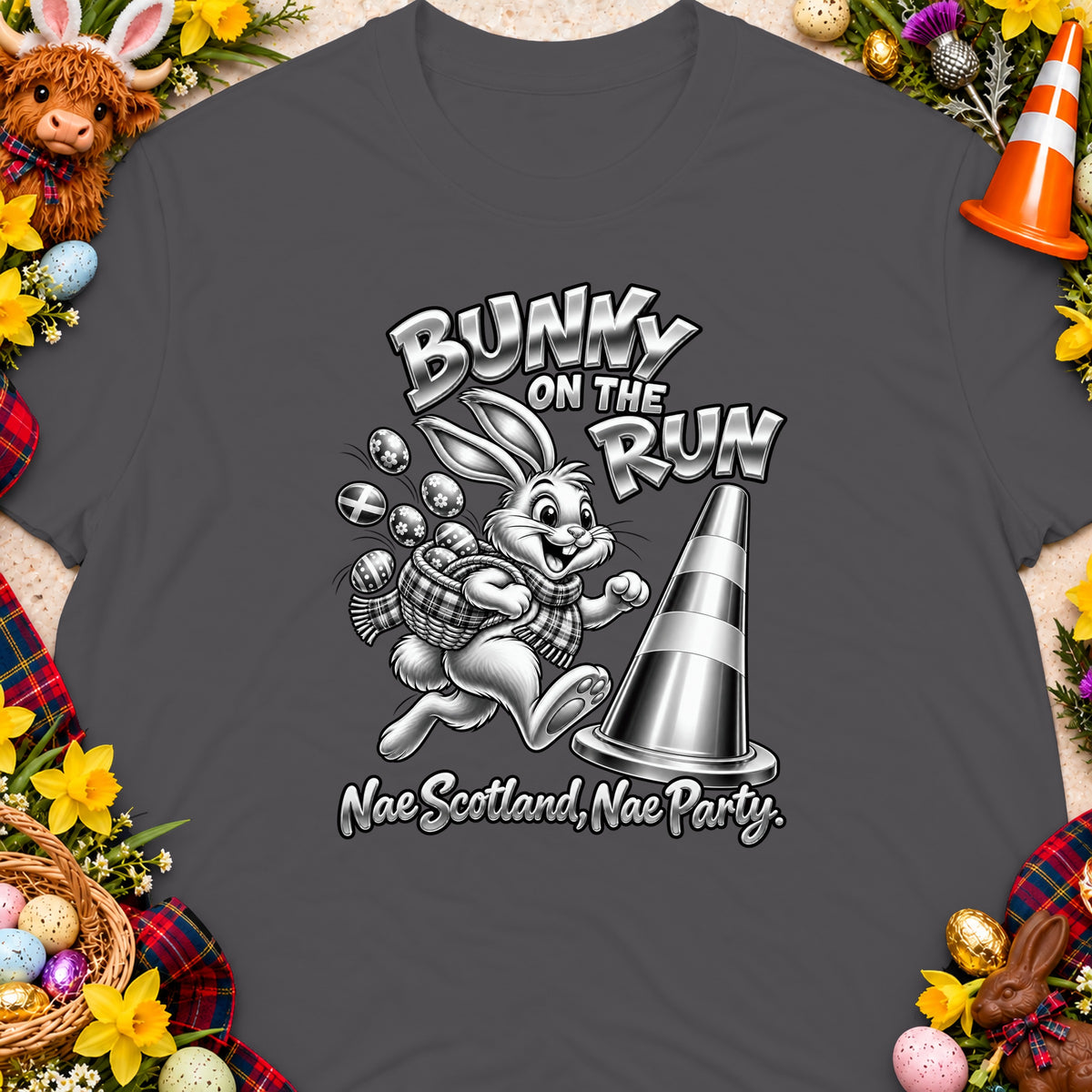 T-shirt graphic with a running bunny and traffic cone, text "Bunny On The Run".