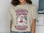 "Groomed to Perfection, Behaved by Accident" text with a white poodle and grooming tools.