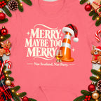 Pink t-shirt with "Merry Maybe Too Merry" text and traffic cone.