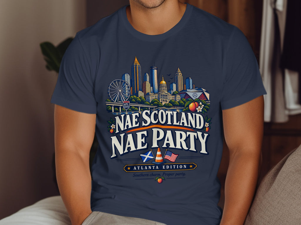 Navy t-shirt with Atlanta skyline and "Nae Scotland Nae Party" text.