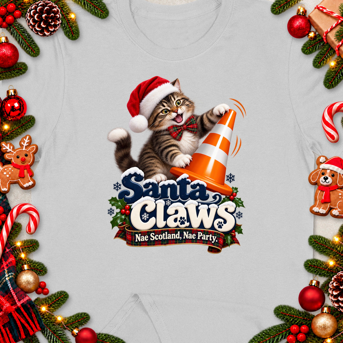 T-shirt graphic of a cat in Santa hat with "Santa Claws" text and Christmas decorations.