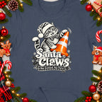 T-shirt graphic with cartoon cat in Santa hat and "Santa Claws" text.