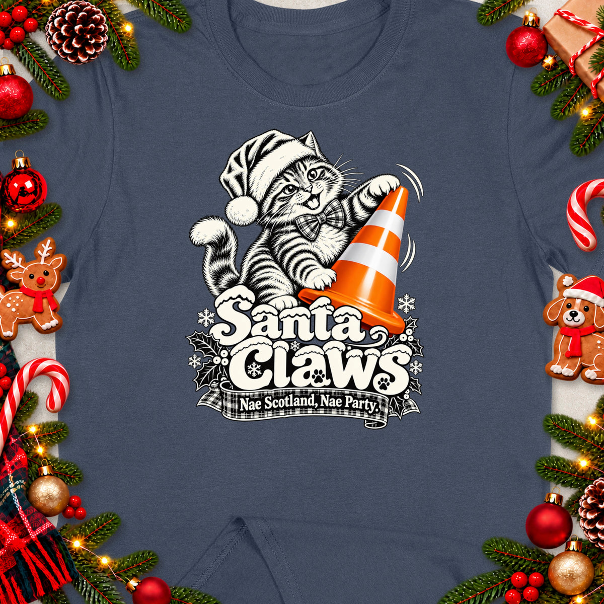 T-shirt graphic with cartoon cat in Santa hat and "Santa Claws" text.