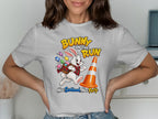 Bunny on the Run graphic with Easter eggs, traffic cone, and text.