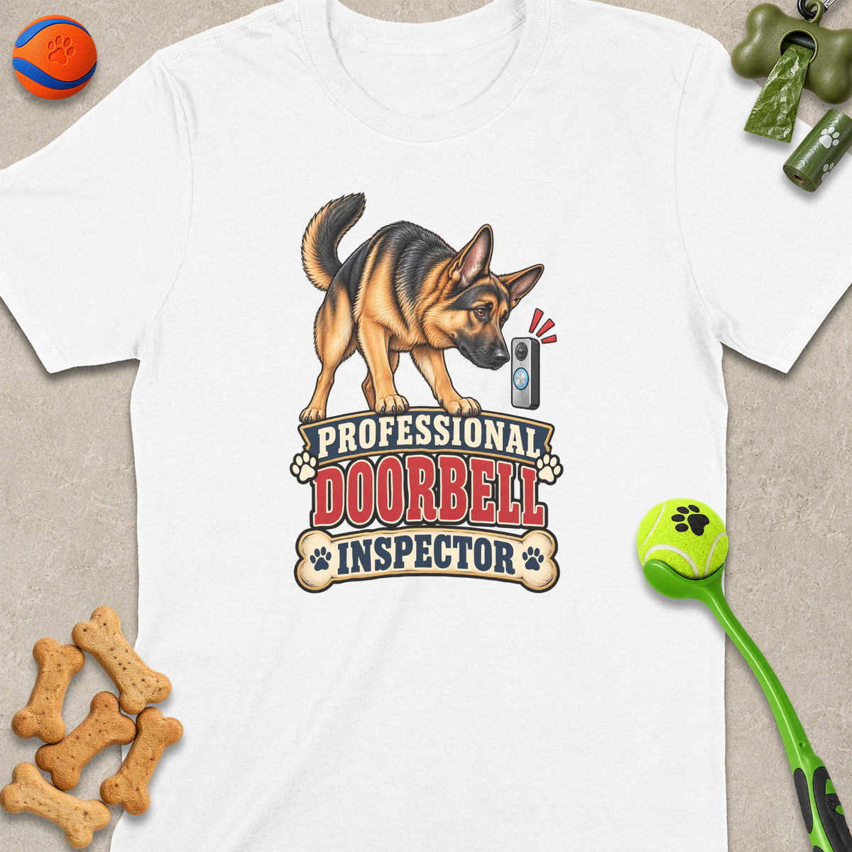 German Shepherd inspecting a doorbell with text "Professional Doorbell Inspector".