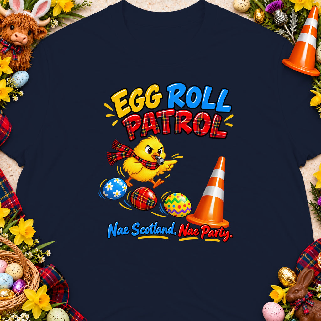 Chick in scarf with Easter eggs and traffic cone, "Egg Roll Patrol" text.