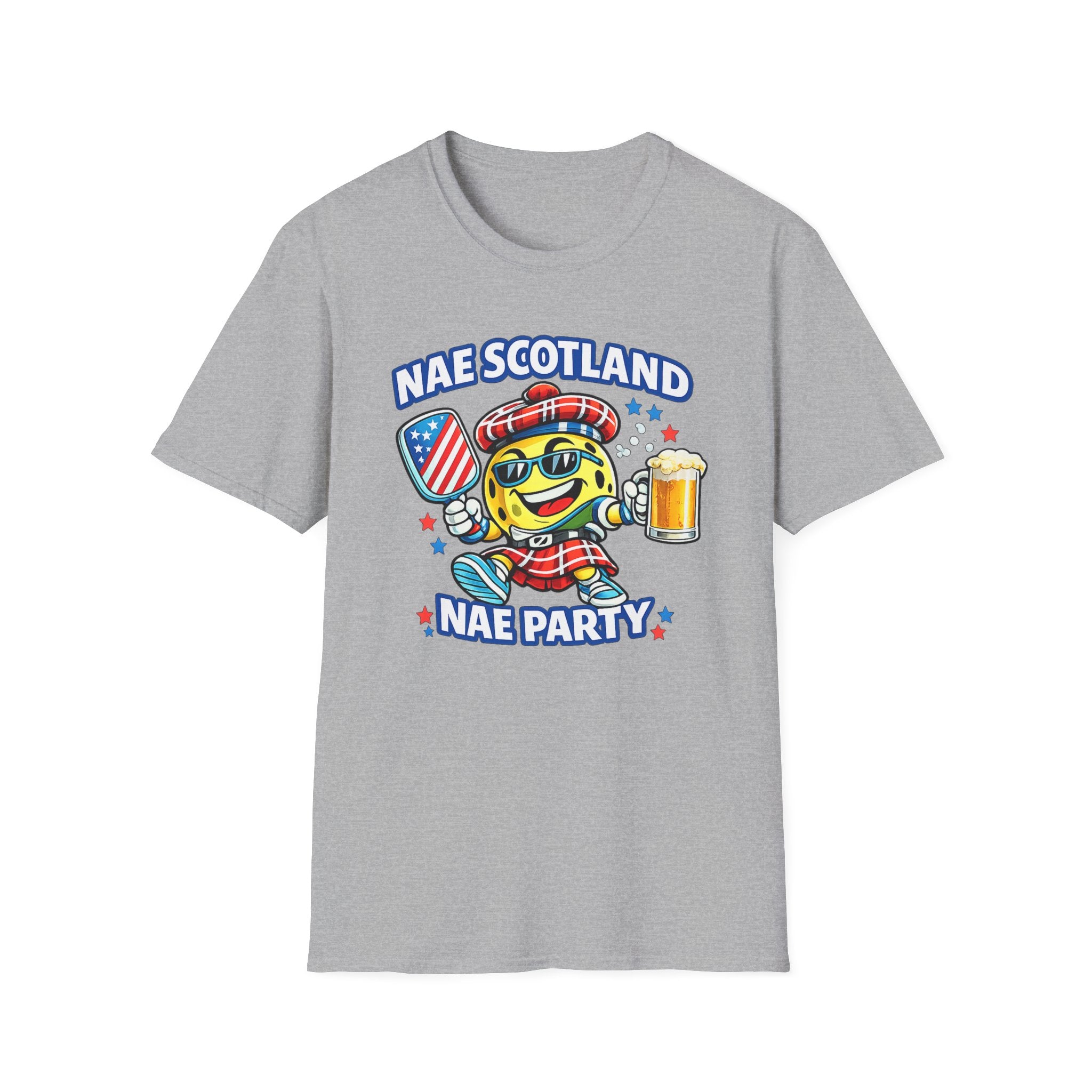 Nae Scotland, Nae Party – Tartan Pickleball Mascot T-Shirt