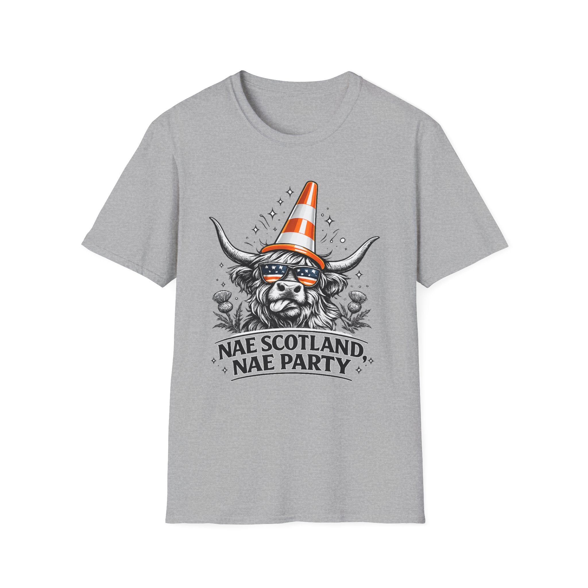 Nae Scotland, Nae Party – Highland Cow Cone T-Shirt