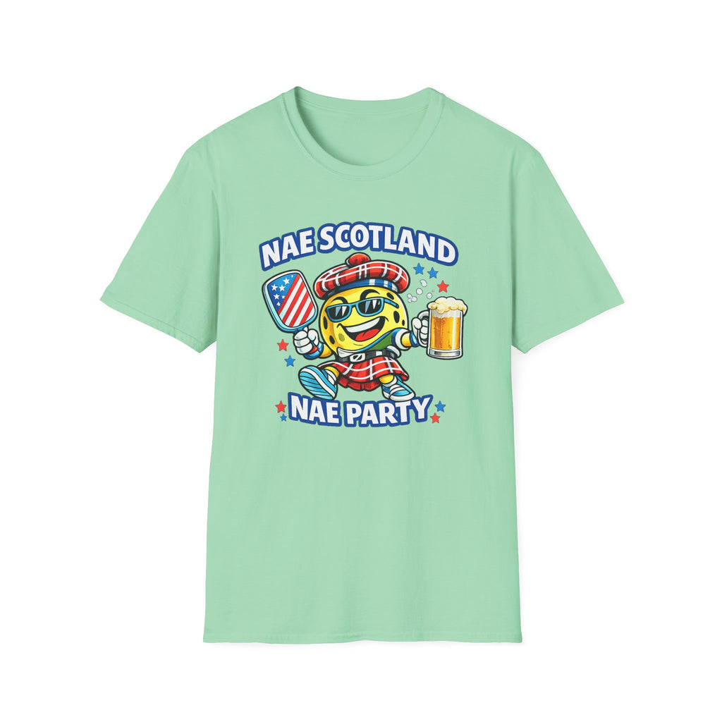 Copy of Nae Scotland, Nae Party – Tartan Pickleball Mascot T-Shirt