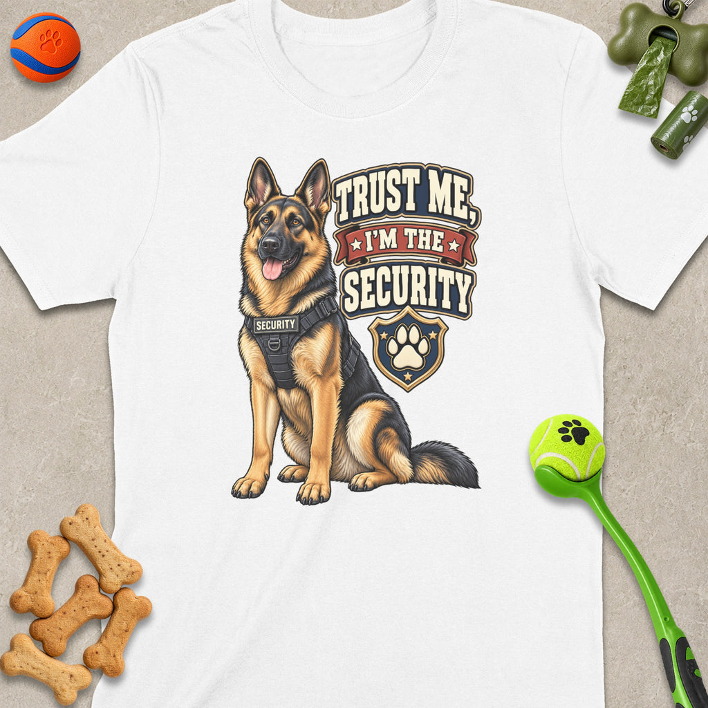 German Shepherd graphic on white t-shirt reading "Trust Me, I'm The Security".