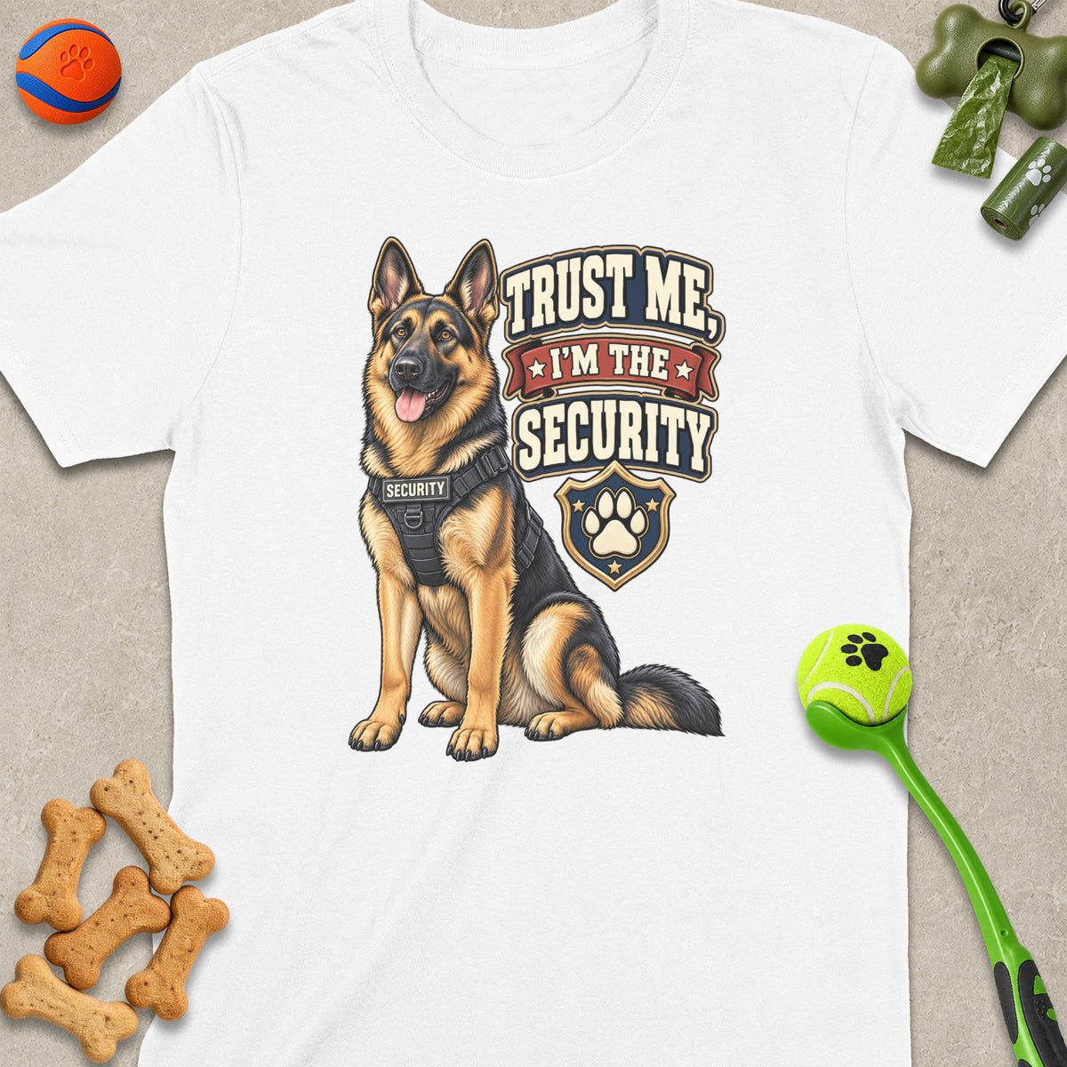 German Shepherd graphic on white t-shirt reading "Trust Me, I'm The Security".