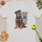 Rottweiler with text "Security System Has Paws" and paw print shield graphic.
