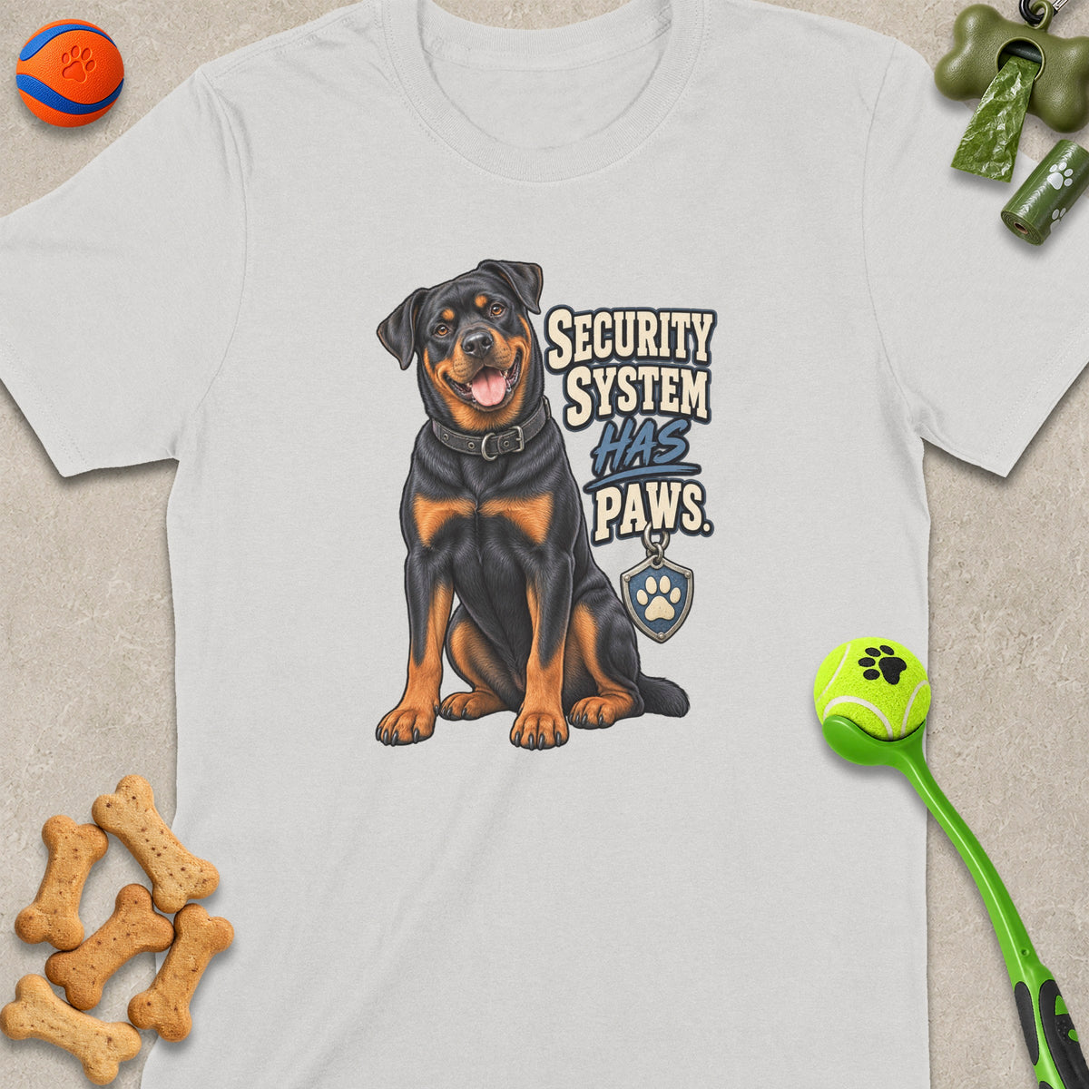 Rottweiler with text "Security System Has Paws" and paw print shield graphic.