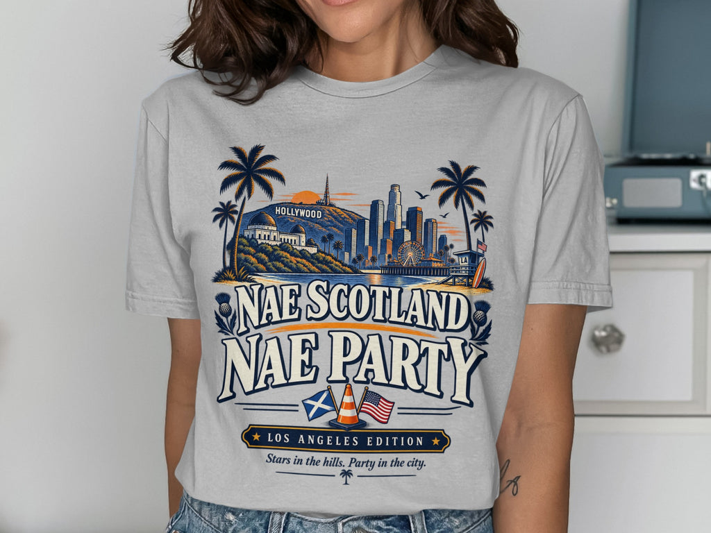 T-shirt with "Nae Scotland Nae Party" text and Los Angeles skyline graphic.