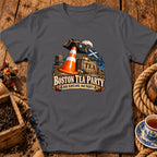 Charcoal t-shirt featuring a graphic that reads Boston Tea Party, Nae Scotland, Nae Party with a Scottish-themed traffic cone illustration.