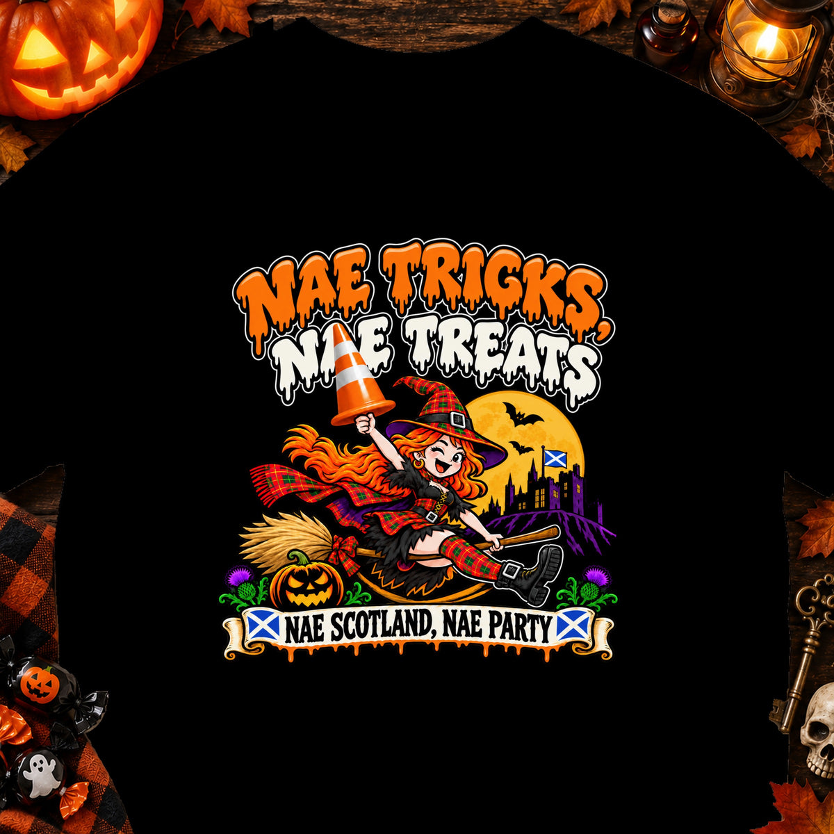 Witch on broomstick with Scottish flag and Halloween decorations, text: Nae Tricks Nae Treats Nae Scotland Nae Party.