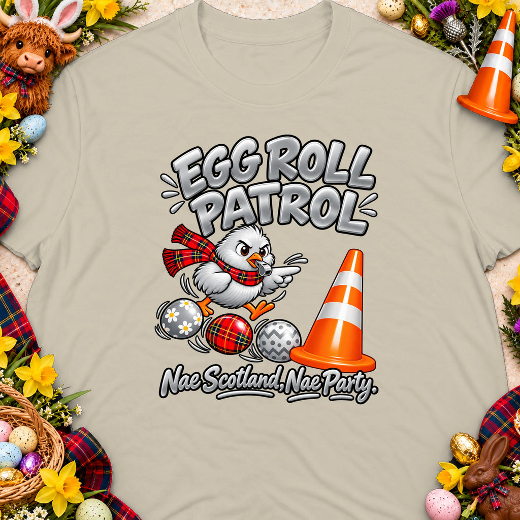 Cartoon chicken in scarf pushes patterned eggs past a traffic cone. Text reads "Egg Roll Patrol".