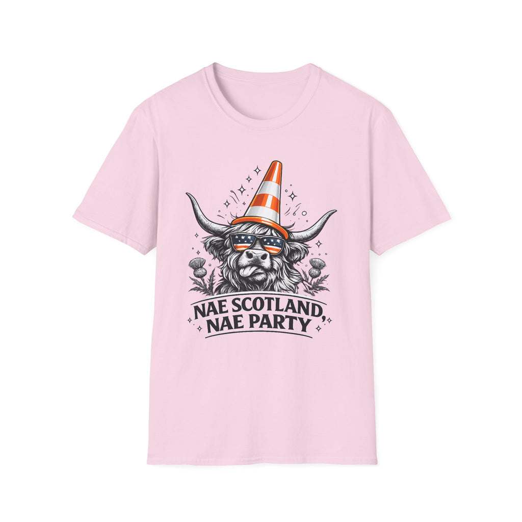 Nae Scotland, Nae Party – Highland Cow Cone T-Shirt