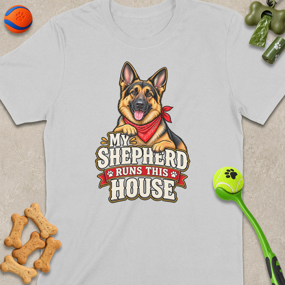 Grey t-shirt with a German Shepherd graphic that reads "My Shepherd Runs This House."
