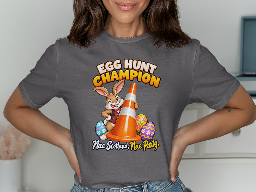 Bunny with traffic cone and Easter eggs, "Egg Hunt Champion" and "Nae Scotland, Nae Party".