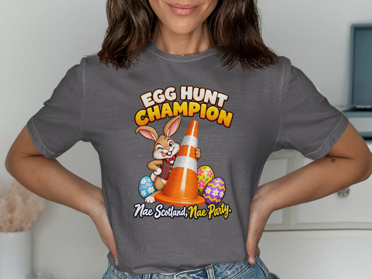 Bunny with traffic cone and Easter eggs, "Egg Hunt Champion" and "Nae Scotland, Nae Party".