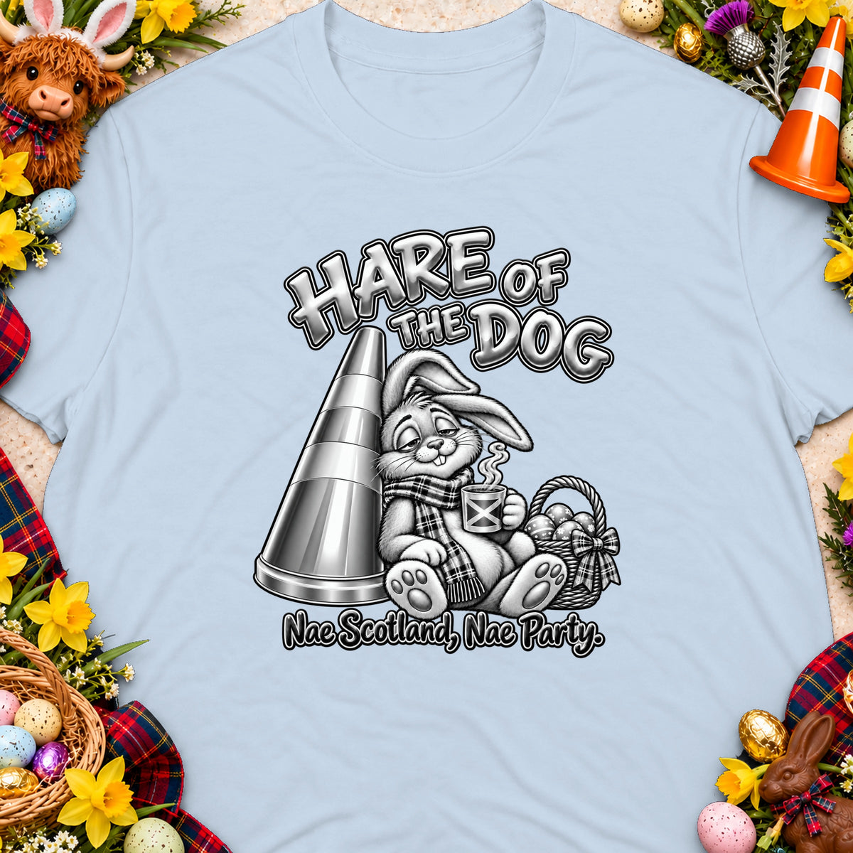 Hare of the Dog graphic with rabbit, cone, basket, and text.