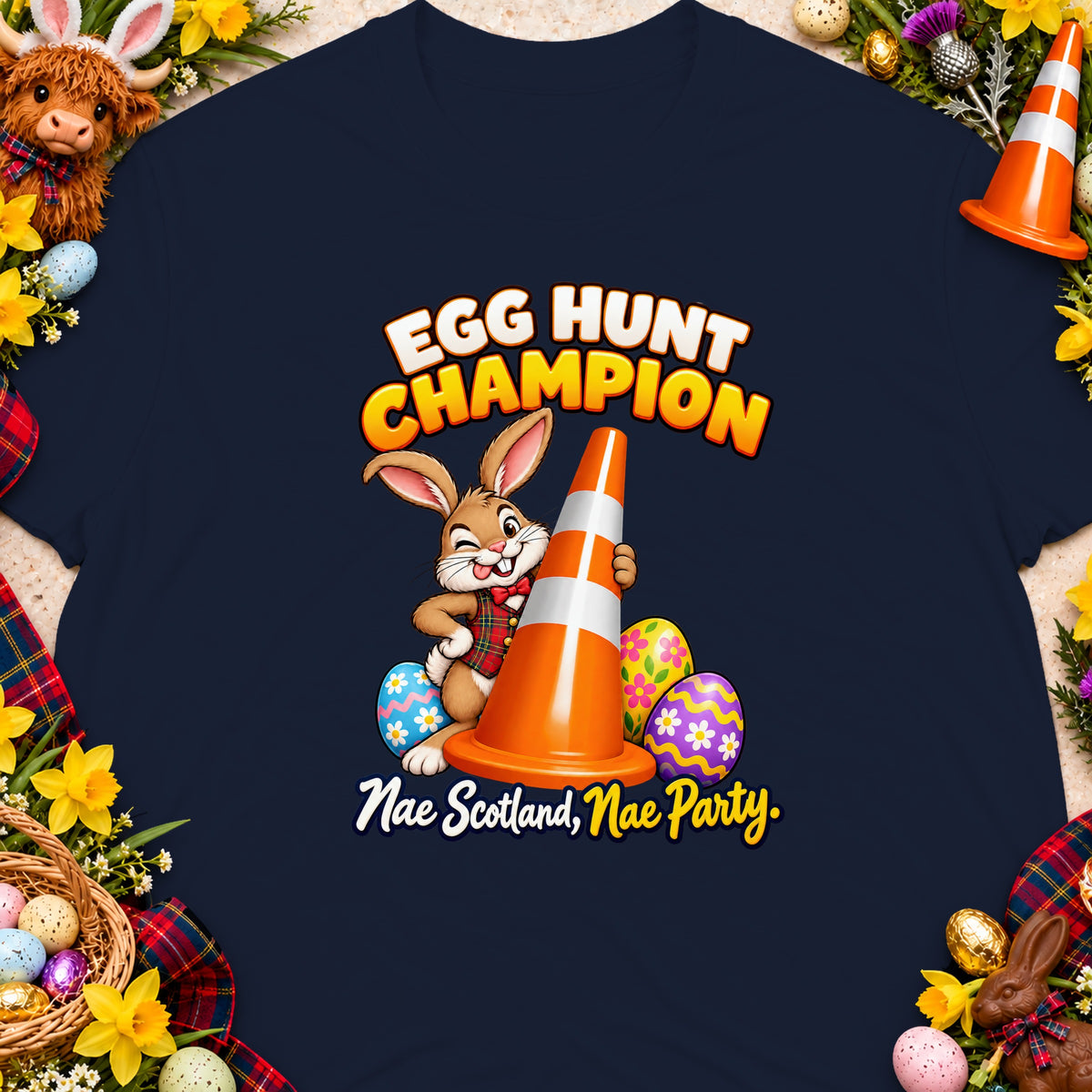 Cartoon rabbit holding traffic cone, with "Egg Hunt Champion" text and Easter eggs.