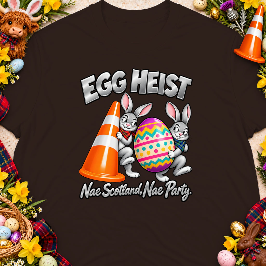 Easter bunnies carry a traffic cone and a patterned egg with text "Egg Heist".
