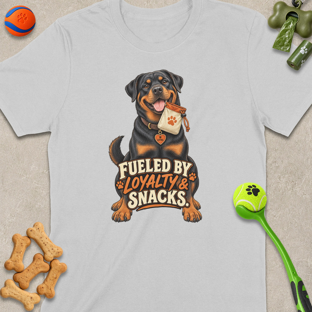 Rottweiler with treats and text "Fueled by Loyalty & Snacks".