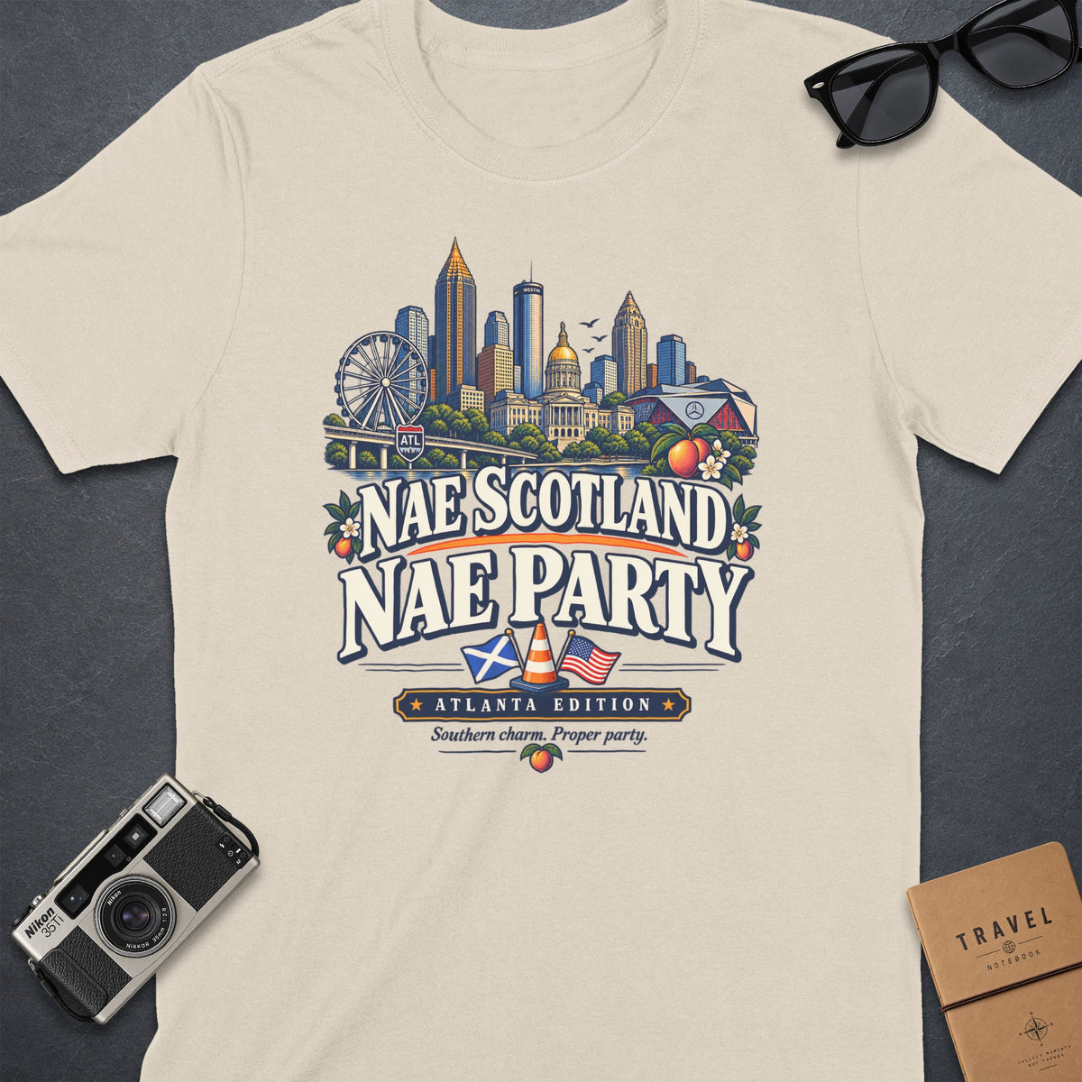 T-shirt with Atlanta skyline graphic and text "Nate Scotland NAE Party".