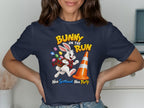 Bunny on the Run graphic with a running rabbit, Easter eggs, a traffic cone, and text.