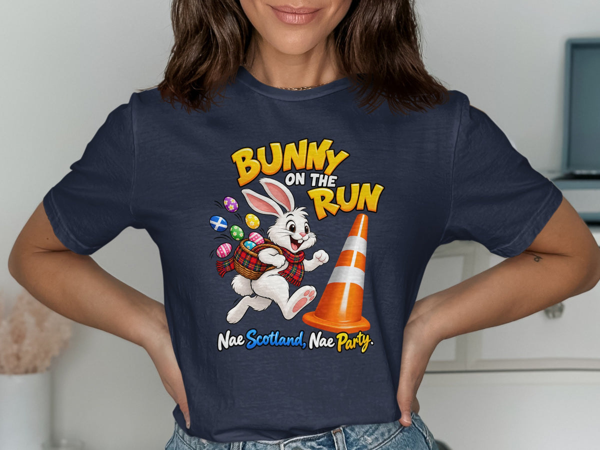 Bunny on the Run graphic with a running rabbit, Easter eggs, a traffic cone, and text.